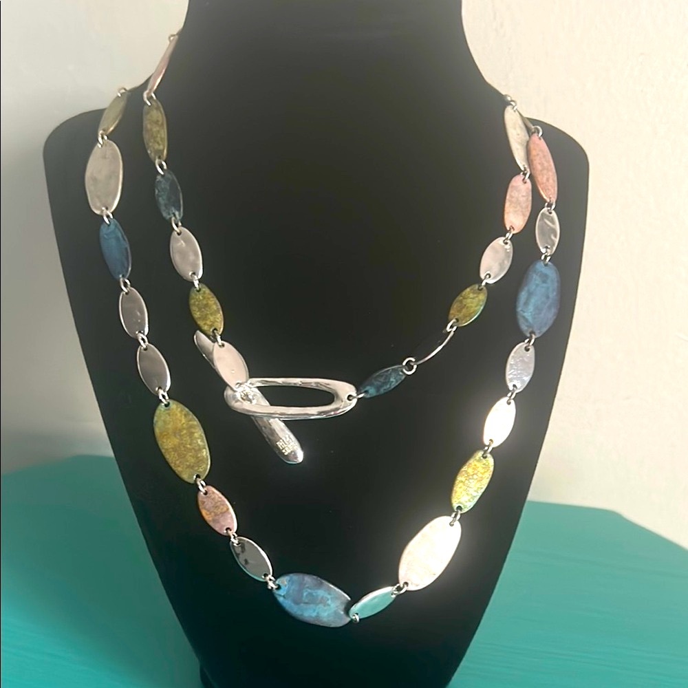 Robert Lee Morris Boutique Silver Tone Patina Hammered Disc Multicolor Necklace